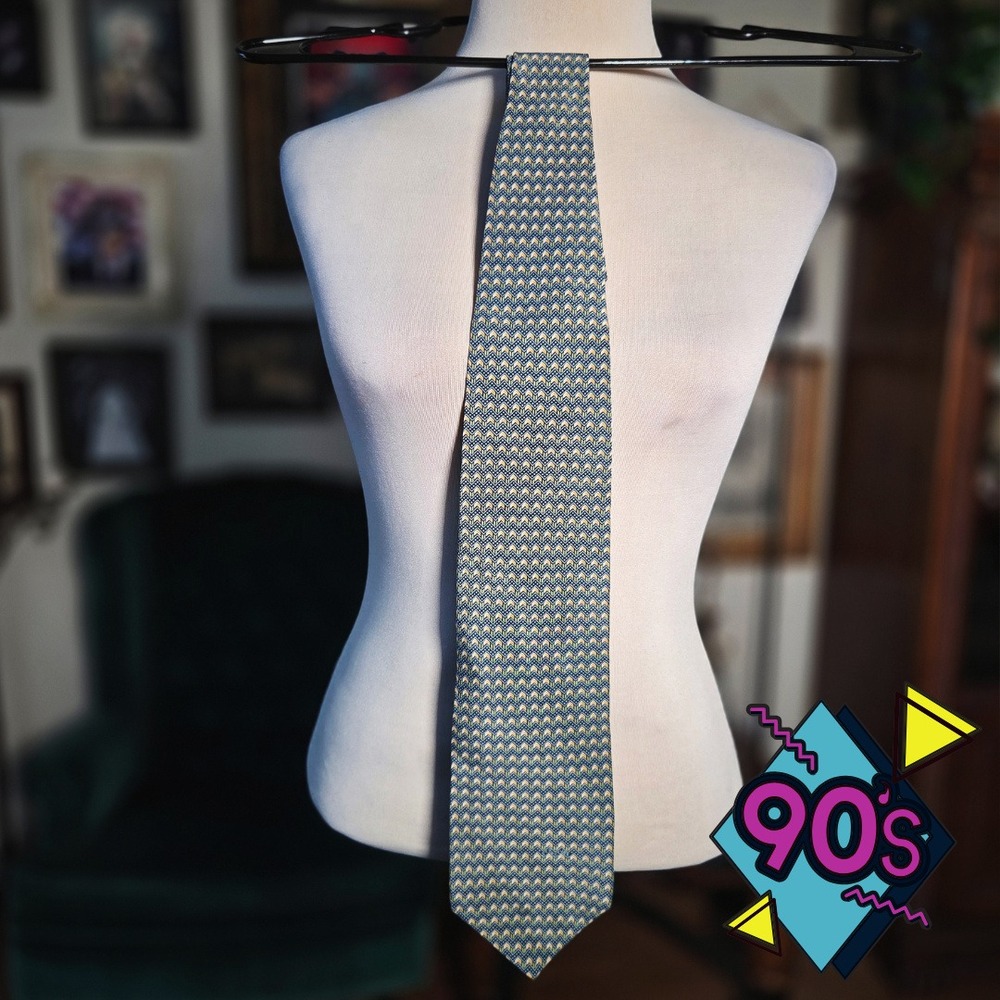 Structure Silk Tie Vintage 90s Blue Gold Geometric Chevron Pattern Made in USA